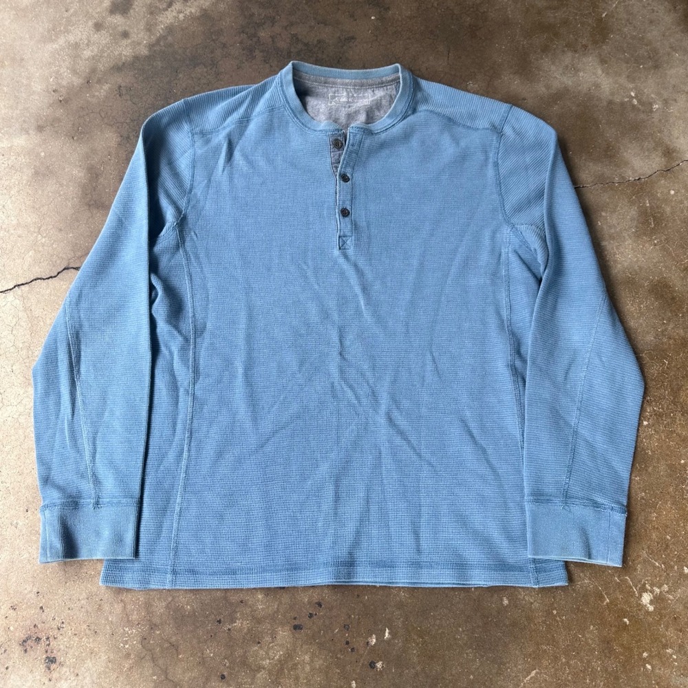 Eddie Bauer Henley Shirt Mens L Blue Excellent Waffle Knit Thermal Long Sleeve